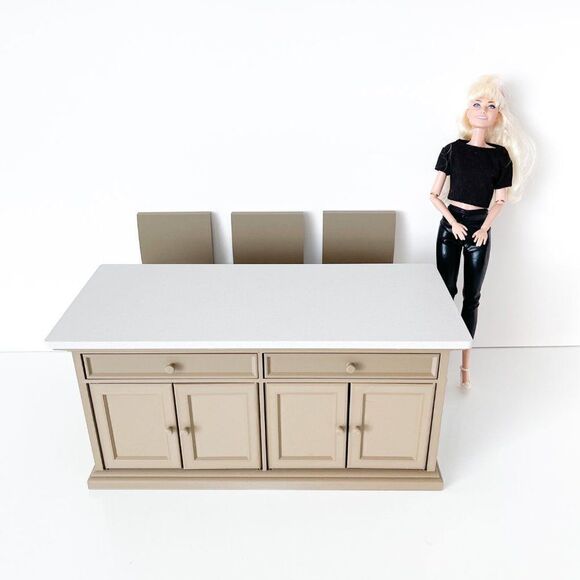 Barbie Integrity Doll Oak Kitchen Island 1:6 Scale 3 Matched Chairs 3D Printed - Picture 13 of 14